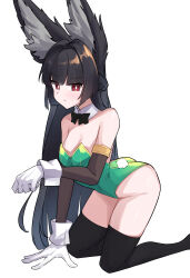 1girl absurdres all_fours animal_ear_fluff animal_ear_hairband animal_ears arm_warmers black_bow black_bowtie black_hair black_thighhighs blunt_bangs bow bowtie braid comically_large_ears detached_collar fake_animal_ears fox_ears fox_girl gloves green_leotard hairband half_up_braid highres hoshimi_miyabi leotard long_hair playboy_bunny rabbit_ears rabbit_tail red_eyes simple_background solo strapless strapless_leotard tail thighhighs white_background white_gloves wrist_cuffs yorozuya_(yoroz_ryobi) zenless_zone_zero
