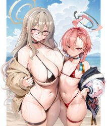 2girls akane_(blue_archive) beach bikini black_choker blonde_hair blue_archive blue_sky blush braid breasts brown_eyes choker cloud day earrings flat_chest glasses grin halo highleg highleg_bikini highres huge_breasts jacket jewelry long_hair looking_at_viewer micro_bikini multiple_girls navel neru_(blue_archive) off_shoulder oni-noboru outdoors pink_eyes pink_hair revision single_braid sky smile stomach stud_earrings swimsuit thigh_strap thighs very_long_hair wet