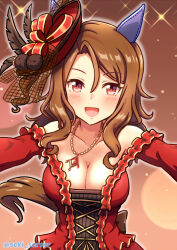 1girl animal_ears breasts brown_hair cleavage dress hat horse_ears horse_girl jewelry king_halo_(take_part_in_a_waltz_this_evening)_(umamusume) king_halo_(umamusume) looking_at_viewer necklace red_dress red_eyes red_hat seki_(hyokosho) smile solo umamusume