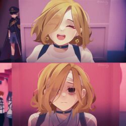 1boy 1other 2girls :d ^_^ asymmetrical_bangs bags_under_eyes bandaged_head bandages before_and_after blonde_hair brown_eyes choker closed_eyes depressed earrings empty_eyes es_(milgram) frown furrowed_brow hair_over_one_eye jewelry kajiyama_fuuta kashiki_yuno looking_at_viewer meme messy_hair milgram multiple_girls open_mouth parted_hair restraints shaivify shiina_mahiru_(milgram) short_hair smile solo_focus squid_game straitjacket sunflower_earring year_1_&amp;_year_2_(squid_game)_(meme)