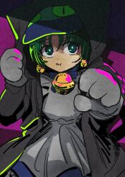 1girl animal_hands animal_hat anzu_yoshihiro apron bell bell_earrings bright_pupils cat_hat dejiko di_gi_charat earrings gloves green_eyes green_hair grey_apron grey_jacket hat hood hood_up hooded_jacket jacket jewelry licking_lips looking_at_viewer neck_bell paw_gloves short_hair sidelighting solo tongue tongue_out white_pupils