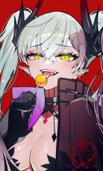 1girl black_hands black_jacket blush breasts candy colored_extremities fangs fate/grand_order fate_(series) food hand_up highres holding holding_candy holding_food holding_lollipop horns jacket kabosoi_mangaka lilith_(fate) lollipop long_hair pointy_ears red_background smile solo tongue twintails white_hair yellow_eyes