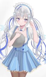 1girl absurdres alternate_costume amane_kanata black_pantyhose blue_dress blue_hair blush closed_mouth collar commentary detached_collar dress grey_hair highres holding holding_plate hololive long_hair looking_at_viewer maid_headdress multicolored_hair pantyhose plate purple_eyes solo streaked_hair tamamorh twintails very_long_hair virtual_youtuber white_collar white_headdress