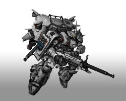 absurdres cable char&#039;s_counterattack cho_yonghee commentary emblem geara_doga gradient_background gun gundam highres jetpack machine_gun machinery mecha mecha_focus missile mobile_suit no_humans realistic redesign robot rocket roundel science_fiction shield shoulder_spikes spikes thrusters weapon zeon zero_gravity