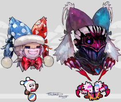 2025 2boys absurdres armor artist_name blue_hat dated fang glowing glowing_eye grey_hair hat highres humanization jester_cap kirby_(series) kirby_super_star marx_(kirby) marx_soul multiple_boys nintendo open_mouth purple_eyes red_hat smile sukepmonster two-tone_hat upper_body white_background