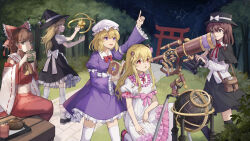 5girls apron ascot bag binoculars black_capelet black_skirt black_thighhighs blonde_hair book bow bowtie brown_eyes brown_hair bush capelet closed_mouth collared_shirt commentary crop_top cup detached_sleeves dress dress_bow english_commentary fedora frilled_bow frilled_hair_tubes frilled_sleeves frills hair_bow hair_tubes hakurei_reimu hat hat_bow highres holding holding_binoculars holding_book holding_cup keisenko kirisame_marisa long_hair long_sleeves looking_at_viewer maribel_hearn midriff mob_cap multiple_girls navel night night_sky open_book open_mouth original outdoors pink_bow pointing puffy_short_sleeves puffy_sleeves purple_dress red_bow red_bowtie red_eyes red_skirt rhachen ribbon-trimmed_sleeves ribbon_trim shirt shoes short_sleeves skirt skirt_set sky smile telescope thighhighs torii touhou tree usami_renko waist_apron white_bow white_dress white_hat white_shirt white_thighhighs wide_sleeves witch_hat yellow_ascot yellow_eyes yunomi