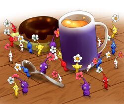 black_eyes blue_pikmin blue_skin carrying colored_skin commentary_request cup donut drink flower food mug nintendo no_humans no_mouth oversized_food oversized_object pikmin_(creature) pikmin_(series) pink_flower pointy_nose purple_hair purple_pikmin purple_skin red_eyes red_pikmin red_skin short_hair solid_circle_eyes spoon triangle_mouth very_short_hair white_flower white_pikmin white_skin wooden_floor yamato_koara yellow_pikmin yellow_skin