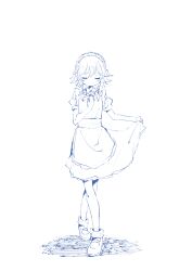 1girl apron blue_theme bow braid closed_eyes closed_mouth facing_viewer hair_bow highres izayoi_sakuya long_hair maid maid_headdress mary_janes monochrome puffy_short_sleeves puffy_sleeves shoes short_sleeves skirt_hold smile socks solo split_mouth suteruko touhou twin_braids waist_apron