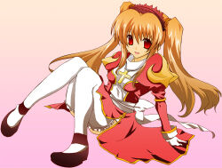 Rule 34 | 1girl, 2000s (style), aqua (prescott), black shoes, breasts, brown hair, commentary request, cross, cross necklace, dress, full body, gradient background, high priest (ragnarok online), jewelry, juliet sleeves, long hair, long sleeves, looking at viewer, lowres, maid headdress, medium breasts, necklace, open mouth, pink background, puffy sleeves, ragnarok online, red dress, red eyes, sash, shoes, smile, solo, thighhighs, twintails, two-tone dress, white dress, white sash, white thighhighs