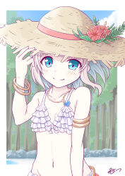 1girl artist_name beach bracelet breasts day forest green_eyes grey_hair hat highres iris_mysteria! jewelry k_(nura-rikuo) looking_at_viewer nature navel necklace porin_von_heilbronn smile standing straw_hat swimsuit