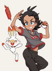 Rule 34 | 1boy, absurdres, bad id, bad twitter id, black hair, black pants, blue eyes, commentary, dark-skinned male, dark skin, english commentary, gen 4 pokemon, gen 8 pokemon, goh (pokemon), grey shirt, grin, hair ornament, hairclip, hands up, highres, holding, holding poke ball, jumping, male focus, nico o0, nintendo, pants, poke ball, poke ball (basic), pokemon, pokemon (anime), pokemon (creature), pokemon journeys, rotom, rotom phone, scorbunny, shirt, simple background, smile, spiked hair, upshirt, white background