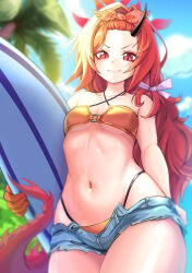 Rule 34 | 1girl, absurdres, bangs pinned back, bikini, blue archive, blush, breasts, closed mouth, commentary, denim, denim shorts, dragon girl, dragon horns, dragon tail, forehead, highres, holding, holding surfboard, horns, long hair, navel, official alternate costume, open clothes, open shorts, red eyes, red hair, renge (blue archive), renge (swimsuit) (blue archive), ruta, shorts, single horn, small breasts, smile, solo, stomach, surfboard, swimsuit, tail, yellow bikini