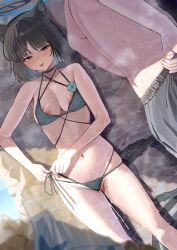 1boy 1girl absurdres animal_ears bikini black_eyes black_hair black_tail blue_archive blue_bikini blue_halo breasts cat_ears cat_girl cat_tail cleavage commentary_request criss-cross_straps cum cum_in_pussy cum_on_body cum_on_legs cumdrip gradient_tail halo highres implied_after_sex kikyou_(blue_archive) kikyou_(swimsuit)_(blue_archive) layered_bikini medium_breasts multiple_tails navel nipple_slip nipples official_alternate_costume ramanda short_hair standing stomach swimsuit tail tongue tongue_out two_tails wet