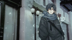 Rule 34 | 1boy, absurdres, alternate costume, bag, black coat, black hair, blue scarf, blurry, breath, building, cheng xiaoshi, coat, dsarl995595, hair between eyes, highres, lamppost, long sleeves, looking at viewer, male focus, night, outdoors, parted lips, photo background, ponytail, scarf, shiguang dailiren, short hair, short ponytail, shoulder bag, sign, snow, snowing, solo, upper body, winter, winter clothes, winter coat, yellow eyes