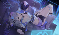 1girl absurdres bandaid bandaid_on_leg black_gloves black_jacket black_shorts breasts caisena candy chinese_commentary commentary_request copyright_name couch crop_top fingerless_gloves food fur-trimmed_jacket fur_trim gloves goggles goggles_on_head grey_eyes grey_hair headphones headphones_around_neck highres holding holding_candy holding_food holding_lollipop honkai:_star_rail honkai_(series) indoors jacket lollipop long_hair lying midriff on_back on_couch short_shorts shorts silver_wolf_(honkai:_star_rail) small_breasts solo