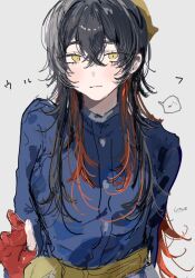 Rule 34 | 1girl, black hair, blue jacket, blush, carmine (pokemon), closed mouth, colored inner hair, crossed bangs, eyelashes, gloves, hair between eyes, hairband, highres, jacket, long hair, long sleeves, looking at viewer, mole, mole under eye, multicolored hair, nintendo, pokemon, pokemon sv, red gloves, red hair, shirt, single glove, two-tone hair, ume (ume 445), yellow eyes, yellow hairband