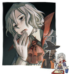 1boy 1girl ascot bags_under_eyes black_background black_dress black_eyes blood blood_on_face burger cape cithis cloak closed_eyes dark-skinned_female dark_elf dark_skin dress drink dungeon_meshi eating elf fangs fangs_out food grey_hair hat holding holding_burger holding_food kadeart lazy_eye mithrun multiple_views notched_ear official_alternate_costume pointy_ears red_ascot short_hair smile uneven_eyes vampire wavy_hair white_background wiping_mouth witch witch_hat