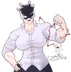 1girl all_for_one_(boku_no_hero_academia) boku_no_hero_academia breasts curvy female_focus formal_clothes genderswap genderswap_(mtf) hand_on_own_hip hensket highres large_breasts lighting_bolt mask mature_female muscular muscular_arms muscular_female pale_skin solo suit teasing thick_thighs thighs thunder
