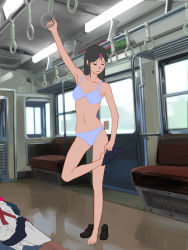 1girl armpits barefoot black_hair black_shoes blue_bra blue_panties blue_socks bra breasts closed_eyes collarbone day door exhibitionism full_body hair_ornament highres holding jukkaku_komado kneehighs loafers long_hair looking_down medium_breasts navel nipples original panties public_indecency seat shirt shoes single_kneehigh single_sock socks solo standing standing_on_one_leg train_interior underwear underwear_only undressing unworn_clothes unworn_shirt unworn_shoes white_shirt window