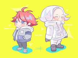 2boys aotsuki_eito black_gloves black_shirt blue_eyes blush chibi chibi_only closed_eyes closed_mouth drawstring full_body glasses gloves hair_between_eyes hand_in_pocket hoodie jacket male_focus multiple_boys pants red_hair shirt shoes simple_background smile standing sumino_takumi the_hundred_line_-last_defense_academy- white_hoodie white_jacket white_pants white_shoes yellow_background