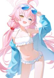 1girl adjusting_eyewear ahoge arm_up armpits arms_up bare_shoulders bikini blue-tinted_eyewear blue_archive blue_eyes blue_jacket blush collarbone commentary_request eyewear_on_head fang flat_chest frilled_bikini frills fymrie hair_between_eyes hair_bobbles hair_flaps hair_ornament halo heterochromia highres hoshino_(blue_archive) hoshino_(swimsuit)_(blue_archive) huge_ahoge jacket long_hair looking_at_viewer low_twintails navel off_shoulder official_alternate_costume official_alternate_hairstyle open_clothes open_jacket open_mouth pink_hair pink_halo simple_background skin_fang smile solo swimsuit thighs tinted_eyewear twintails upper_body white_background white_bikini yellow_eyes