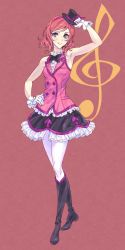 10s 1girl arm_up armpits black_boots black_bow black_bowtie blush boots bow bowtie buttons chilhoo88 collar double-breasted female_focus frilled_collar frilled_shirt_collar frills full_body gloves hand_on_own_hip hat hat_tip headband high_heel_boots high_heels highres knee_boots korekara_no_someday layered_clothes layered_skirt light_smile love_live! love_live!_school_idol_project mini_hat mini_top_hat nishikino_maki pantyhose purple_eyes red_background red_hair shirt short_hair simple_background skirt sleeveless solo spade standing top_hat treble_clef vest white_gloves white_pantyhose white_shirt