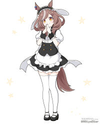 1girl animal_ears apron black_hairband black_shoes black_skirt brown_eyes brown_hair center_frills closed_mouth commentary_request employee_uniform english_text fake_animal_ears fleur_de_lapin_uniform floppy_ears frilled_apron frilled_hairband frilled_skirt frills full_body gochuumon_wa_usagi_desu_ka? hair_ornament hairband hairclip hands_up head_tilt highres horse_ears horse_girl horse_tail matikane_tannhauser_(umamusume) mitya multicolored_hair puffy_short_sleeves puffy_sleeves rabbit_ears shirt shoes short_sleeves simple_background skirt smile solo standing star_(symbol) steepled_fingers streaked_hair tail thighhighs twitter_username umamusume waitress watermark white_apron white_background white_shirt white_thighhighs wrist_cuffs