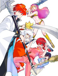 Rule 34 | 1980s (style), 2boys, 3girls, alternate form, animal ears, animal print, bamboo broom, bead necklace, beads, bikini, black hair, blush, breasts, broom, club, club (weapon), cone horns, cosplay, creator connection, dog ears, dress, eyeshadow, green hair, holding, holding scythe, holding sword, holding weapon, horns, inuyasha, inuyasha (character), japanese clothes, jewelry, kanabou, kyoukai no rinne, long hair, lum, maison ikkoku, makeup, mamemaki, multiple boys, multiple girls, necklace, oldschool, oni, otonashi kyouko, over shoulder, pearl necklace, ranma-chan, ranma 1/2, red hair, retro artstyle, rokudou rinne, saotome ranma, scythe, setsubun, shiina takashi, spiked club, strapless, strapless bikini, swimsuit, sword, tiger print, traditional youkai, urusei yatsura, weapon, weapon over shoulder, white background
