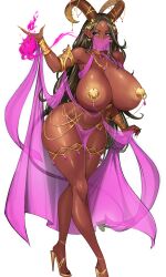 1girl absurdres areola_slip armlet ass black_hair bracelet breasts brown_eyes circlet curvy dark-skinned_female dark_skin earrings gurimjang harem_outfit heart heart_earrings high_heels highres horns huge_ass huge_breasts jewelry long_hair magic mouth_veil nipple_chain original pink_loincloth pointy_ears simple_background solo veil white_background wide_hips