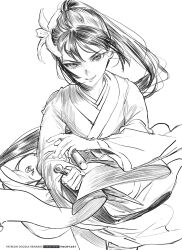 1girl b.c.n.y. black_hair chinese_clothes dagger dated fate/grand_order fate_(series) flower fold-over_collar greyscale hair_flower hair_ornament hanfu highres holding holding_dagger holding_knife holding_sheath holding_weapon jing_ke_(fate) knife long_hair long_sleeves looking_at_viewer monochrome only_for_killing_(fate) open_mouth ponytail qujupao sheath signature simple_background smile solo spot_color teeth twitter_username weapon white_background