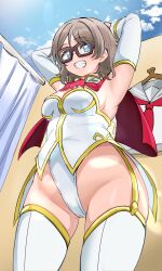 1girl absurdres armpits arms_up ascot bespectacled blue_sky blush breasts brown-framed_eyewear changing_room cleavage clothes_hanger code_geass commission cosplay cowboy_shot detached_sleeves ereka glasses grey_sailor_collar grin highleg highleg_leotard highres large_breasts leotard long_sleeves looking_at_viewer love_live! love_live!_sunshine!! neckerchief no_roof pilot_suit pixiv_commission red_ascot red_neckerchief sailor_collar school_uniform shirt sky smile solo strapless strapless_leotard summer_uniform thighhighs unworn_shirt uranohoshi_school_uniform watanabe_you white_sleeves white_thighhighs