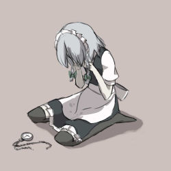 1girl clock female_focus full_body hairband izayoi_sakuya maid ribbon short_hair silver_hair solo tears thighhighs touhou vel