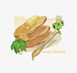 Rule 34 | black eyes, border, bow, bowtie, butter, chef hat, commentary, english text, flat top chef hat, food, halftone, hat, highres, hightguy, honey, no humans, no mouth, outside border, pancake, pancake stack, plants vs. zombies, red bow, red bowtie, repeater (plants vs. zombies), simple background, solid oval eyes, sparkle, spoon, symbol-only commentary, traditional bowtie, twitter username, umbrella leaf (plants vs. zombies), white border, white hat, yellow background