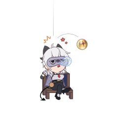 1girl black_horns black_pants black_shoes black_tail chest_harness chibi chibi_only chigusa7h commentary_request crossed_legs curled_horns demon_tail earrings eye_mask harness high_heels highres horns jewelry key_earrings necktie nose_bubble on_chair pants red_necktie shirt shoes sitting sleep_mask sleeping sleeping_upright solo tail white_shirt wuthering_waves zani_(wuthering_waves)