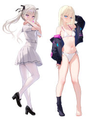 2girls bikini black_footwear black_jacket black_socks breasts commentary_request full_body high_heels highres hikikomori-chan_(mignon) jacket mary_janes mignon multiple_girls navel neckerchief open_clothes open_jacket original sailor_collar school_uniform serafuku shiro_(mignon) shirt shoes short_sleeves simple_background single_bare_foot single_sock skirt small_breasts socks standing stomach summer_uniform swimsuit white_background white_bikini white_neckerchief white_sailor_collar white_serafuku white_shirt white_skirt