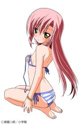 Rule 34 | 1girl, absurdres, ass, back, bare shoulders, bikini, blush, breasts, butt crack, feet, hair ornament, hairclip, hata kenjirou, hayate no gotoku!, highres, katsura hinagiku, kneeling, legs, long hair, looking at viewer, looking back, official art, pink hair, sideboob, simple background, small breasts, solo, strap slip, striped bikini, striped clothes, swimsuit, thighs, toes, unworn bikini top, yellow eyes