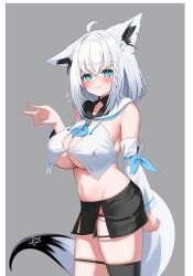 1girl absurdres ahoge animal_ear_fluff animal_ear_piercing animal_ears aqua_eyes black_shorts black_thighhighs blue_neckerchief blush braid breasts commentary cropped_vest detached_sleeves double-parted_bangs flying_sweatdrops fox_ears fox_girl fox_shadow_puppet fox_tail grey_background hair_between_eyes hand_up highres hololive hood hooded_vest hoodie kumarang large_breasts long_hair looking_at_viewer low_ponytail midriff navel neckerchief pentagram ponytail shirakami_fubuki shirakami_fubuki_(1st_costume) short_shorts shorts side_braid simple_background single_braid single_thighhigh smile solo tail thigh_strap thighhighs underboob vest virtual_youtuber white_hair white_sleeves wide_sleeves