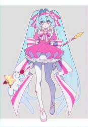Rule 34 | 1girl, arms behind back, back bow, blood, blood on clothes, blood splatter, bow, bow hairband, chest bow, chromatic aberration, commentary, dress, earrings, frilled dress, frilled sleeves, frills, full body, gloves, grey background, hair bow, hair intakes, hairband, hatsune miku, highres, holding, holding wand, imasugu rinne (vocaloid), jewelry, long hair, looking at viewer, magical girl, pink bow, pink dress, pink eyes, pink hairband, puffy short sleeves, puffy sleeves, short sleeves, simple background, solo, standing, star-shaped pupils, star (symbol), star wand, striped bow, symbol-shaped pupils, twintails, very long hair, vocaloid, wand, white bow, white gloves, yaiyaiko, yellow pupils