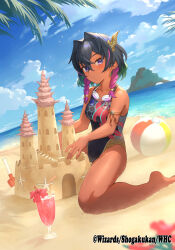 Rule 34 | 1girl, aogiri shinobu, ball, beach, beachball, black hair, blue sky, braid, breasts, building sand sculpture, closed mouth, cloud, copyright notice, cup, dark-skinned female, dark skin, dragon musume ni naritakunai!, drinking glass, drinking straw, duel masters, goggles, goggles around neck, green hair, hair ornament, highres, light blush, looking at viewer, miyamoto satoru, multicolored hair, multicolored swimsuit, ocean, official art, one-piece swimsuit, outdoors, pink hair, purple eyes, sand castle, sand sculpture, seashell, seiza, shell, shovel, sitting, sky, smile, solo, sparkle, swimsuit