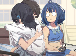 1boy 2girls :| ahoge basori_tiara bench black_hair blue_hair blue_shirt blue_skirt brown_hair bulging_eyes cellphone cheerleader closed_mouth grey_skirt highres holding holding_phone hug jealous long_hair long_sleeves make_heroine_ga_oo_sugiru! midriff miniskirt multiple_girls naisu_(nai_su01) navel nukumizu_kazuhiko outdoors phone pleated_skirt sailor_collar school_uniform shirt short_sleeves skirt sleeveless sleeveless_shirt smartphone striped_clothes striped_thighhighs thighhighs vertical-striped_clothes vertical-striped_thighhighs white_sailor_collar white_shirt yanami_anna