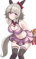 1girl animal_ears arms_behind_back black_thighhighs bow bowtie breasts cheerleader cleavage cleavage_cutout clothing_cutout commentary_request crop_top curren_chan_(umamusume) ear_bow ear_covers grey_hair grey_tail heart_cutout highres holding holding_pom_poms horse_ears horse_girl horse_tail kibihimi looking_at_viewer medium_breasts midriff miniskirt navel pink_eyes pink_skirt pom_pom_(cheerleading) pom_poms red_bow red_bowtie short_hair simple_background skindentation skirt smile solo tail thighhighs thighs umamusume white_background