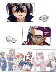 101_(imai) 3boys 3girls amarys_(pokemon) arched_bangs black_hair blue_jacket blueberry_academy_school_uniform braid brother_and_sister carmine_(pokemon) closed_mouth collared_shirt colored_inner_hair crispin_(pokemon) crossed_bangs dark-skinned_female dark_skin drayton_(pokemon) eyelashes glasses gloves hair_between_eyes hair_ornament hairband hairclip highres holding jacket kieran_(pokemon) lacey_(pokemon) long_hair long_sleeves mole mole_on_neck mole_under_eye multicolored_hair multiple_boys multiple_girls nintendo open_clothes open_jacket open_mouth pink_hair pokemon pokemon_sv purple_hair red_gloves red_hair red_tank_top school_uniform shirt short_hair siblings single_glove smile streaked_hair tank_top two-tone_hair upper_body white_hair white_jacket white_shirt yellow_eyes yellow_hairband