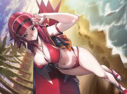 1girl bikini blue_eyes breasts code_geass code_geass:_genesic_re;code hat highres jacket jewelry kouzuki_kallen large_breasts light_smile looking_at_viewer medium_hair navel necklace palm_tree red_bikini red_hair sandals sky spiked_hair surfboard swimsuit tree