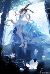 1girl absurdres amiya_(arknights) animal_ears arknights bare_shoulders blue_eyes braid brown_hair chunzhou_jingmang dress flower full_body high_heels highres long_hair looking_at_viewer rabbit_ears solo very_long_hair water weibo_username white_dress