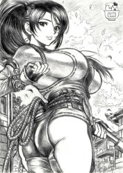 1girl ass belt black_hair breasts building cloud commentary_request dead_or_alive dead_or_alive_6 dead_or_alive_xtreme dead_or_alive_xtreme_venus_vacation detached_sleeves falling_leaves fingerless_gloves from_behind gloves greyscale holding holding_polearm holding_weapon large_breasts leaf long_hair looking_at_viewer momiji_(ninja_gaiden) monochrome ninja ninja_gaiden outdoors polearm ponytail sideboob signature skidrow sky solo weapon
