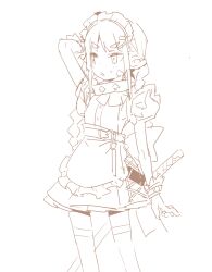 1girl akari_(raigou) alf apron braid elf highres maid maid_apron maid_headdress monochrome original pointy_ears raigou sheath sheathed sidelocks simple_background solo sword thick_eyebrows thighhighs weapon white_background