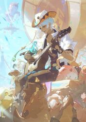 1boy :d acoustic_guitar aircraft aoma_(xuanzexuexi) artist_name black_gloves black_shirt blue_eyes blue_pants blue_sky brown_gloves cacucu chaps chinese_commentary coat collarbone collared_shirt commentary commentary_request cowboy_hat dark-skinned_male dark_skin day english_commentary genshin_impact gloves guitar hair_between_eyes hat highres holding holding_guitar holding_instrument hot_air_balloon ifa_(genshin_impact) instrument lantern lapels light_particles looking_down lower_teeth_only male_focus mixed-language_commentary music open_clothes open_coat open_mouth outdoors pants parted_bangs pectoral_cleavage pectorals playing_guitar playing_instrument qucusaurus_(genshin_impact) scar scar_across_eye scar_on_arm scar_on_face shirt short_hair short_sleeves signature sitting sky smile solo tassel teeth tepetlisaurus_(genshin_impact) two-tone_gloves white_coat white_hair white_hat yumkasaurus_(genshin_impact)