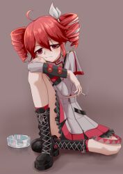 Rule 34 | ahoge, ashtray, belt, black background, black belt, black boots, black skirt, black sleeve cuffs, blush, boots, bow, cigar, commentary request, drill hair, elbow rest, grey hair, grey jacket, hair between eyes, hair bow, hair ribbon, head rest, highres, holding, holding cigar, horosui, jacket, kasane teto, kasane teto (sv), lace-up boots, layered sleeves, long sleeves, looking at viewer, midriff peek, platform boots, red eyes, red socks, red trim, ribbon, shoulder belt, shoulder boards, simple background, sitting, skirt, smoking, socks, synthesizer v, twin drills, utau, white bow, white ribbon, white socks