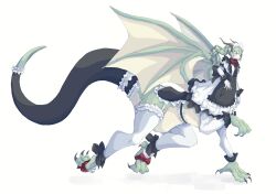 1girl 4138 ankle_bow ankle_ribbon apron black_apron black_bow bow bowtie buttons centauroid claws closed_mouth commentary double-breasted dragon_girl dragon_horns dragon_tail dragon_wings dress frilled_apron frilled_dress frills full_body gloves green_eyes green_hair highres horns long_hair long_sleeves maid maid_headdress original red_bow red_bowtie ribbon simple_background sleeve_bow solo tail tail_sock taur thighhighs waist_apron white_background white_dress white_gloves white_thighhighs wings
