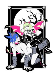 2boys animal_costume animal_ear_hairband animal_ears aqua_eyes arm_warmers black_background black_boots black_choker black_corset black_gloves black_shorts blue_hair bob_cut boots border choker closed_mouth collar corset crossed_legs demon_boy demon_horns demon_tail demon_wings elbow_gloves fake_animal_ears full_body full_moon fur_boots fur_shorts galo_thymos gloves green_hair grey_fur hair_between_eyes hairband halloween_costume high_heel_boots high_heels highres holding holding_riding_crop horns lio_fotia moon multiple_boys open_mouth promare purple_eyes riding_crop short_hair shorts sitting sitting_on_person smile solthrys spiked_collar spiked_hair spikes sweatdrop tail thigh_boots topless_male trap tree white_border wings wolf_boy wolf_costume wolf_ears wolf_tail yaoi